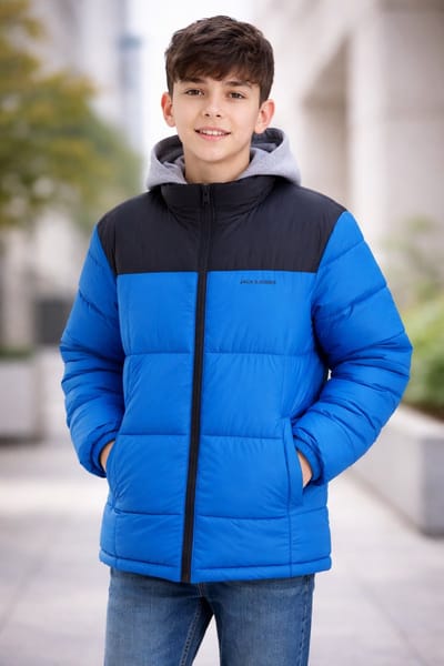 JACK & JONES jongens winterjas gewatteerd – blauw/zwart – maat 164