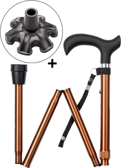 Wandelstok opvouwbaar Bruin met ergonomisch comfort handvat en polsbandje - Loopstok - Verstelbaar 82 - 94 cm - Lichtgewicht - Incl. 6-poot stokdop
