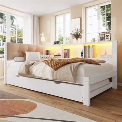 YEHTOKHOME Slaapbank 90x200 cm - Eenpersoonsbed met uitschuifbaar bed - LED-verlichting - praktische opbergvak - USB-poort - wit - zonder matras
