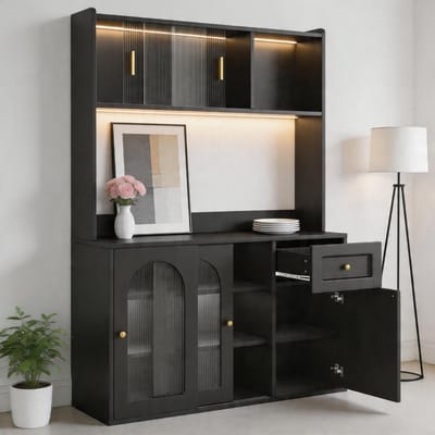Komhtom - Keukenkast en hoge vitrinekast - Buffetkast met verstelbare planken - Eetkamerkast en dressoir - Met LED-verlichting - Zwart