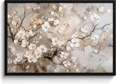 Poster in lijst - Fotolijst 90x60 cm - Posters - Bloemen - Wit - Goud - Beige - Luxe - Posterlijst zwart - Decoratie - Wanddecoratie woonkamer - Muurdecoratie slaapkamer