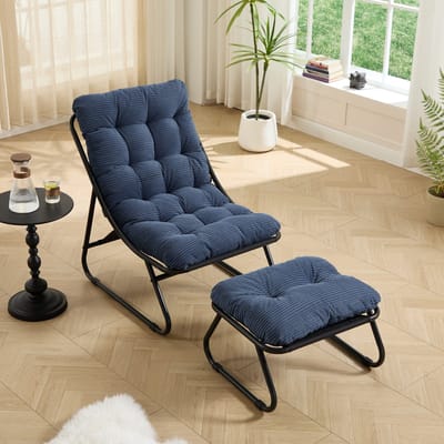 Ligstoel - Hangstoelachtig ontwerp - Fauteuil & Poef Set - Ontspanningsstoel - Relaxstoel - Loungestoel - Comfortabele TV-stoel - Blauw