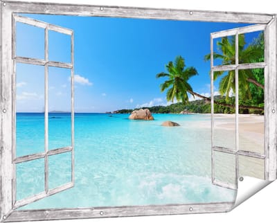 Gards Tuinposter Doorkijk Tropisch Strand en Zee - 150x100 cm - Tuindoek - Tuindecoratie - Wanddecoratie buiten - Tuinschilderij