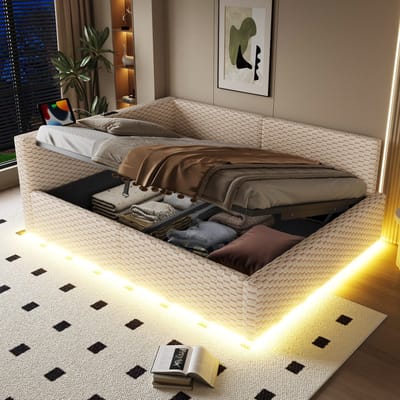 VVBV Gestoffeerd Opbergbed 140x200 cm - Hydraulische Opbergruimte, LED-Verlichting - Fluweel Eiken/Beige - Zonder Matras