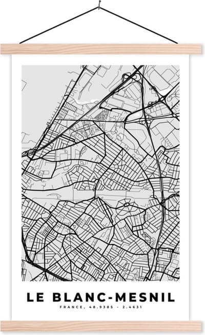 Posterhanger incl. Poster 40x60 cm - Schoolplaat - Kaart - Stadskaart - Frankrijk - Le Blanc-Mesnil - Plattegrond - Textielposter - Blanke latten - Stadskaart