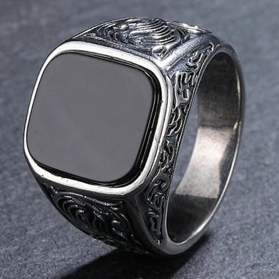 Mannen Ring Zwarte Onyx, 12x14mm Vierkante Steen Gesneden Vintage Koperen Band, Gedurfde Gotische Statement Sieraden Cadeau voor Hem 8 black