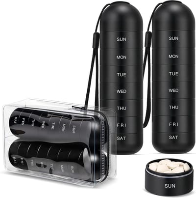 Pillendoosjes – Medicijndoosje voor 7 dagen – [Set van 2] – Metalen reis-pillendoos – Draagbaar – Waterdicht – Groot model (aluminiumlegering) – BPA-vrij – Geschikt voor medicijnen, supplementen en vitaminen – Zwart