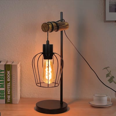 Glitzerlife - Tafellamp Bedlampje Bureaulamp - Vintage Industrieel Retro - Hout Metaal Tafellamp - E27 Fitting Max 40W Metalen Kooi - Massief Hout Staal - Ø20cm - Zwart