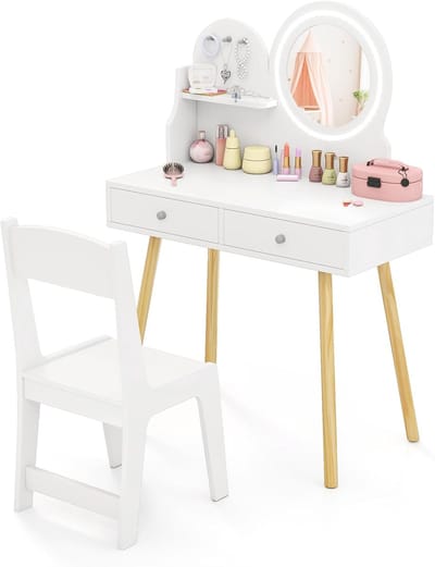 KOMFOTTEU Make-uptafel voor kinderen, kaptafel prinses met pvc-spiegel met 2-kleurige ledverlichting, open rek, 3 haken, 2 laden en grenenhouten poten voor kinderen vanaf 3 jaar
