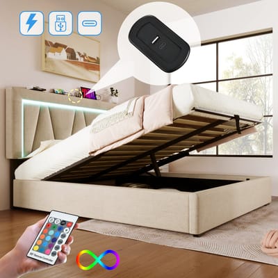 Wishdor Gestoffeerd Opbergbed 140x200 cm – Verstelbaar Hoofdbord – LED en USB/USB-C – Gasveer Opbergruimte – Linnen – Beige