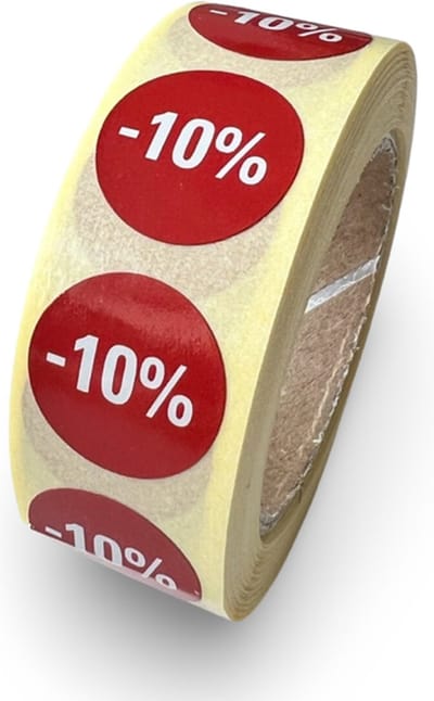 Kortings etiket op rol 10% - 500 stuks - rond 20mm