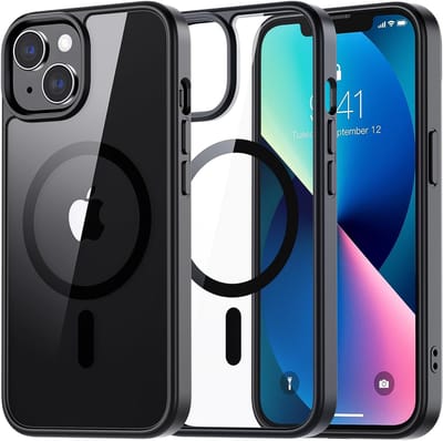 Casemania Hoesje Geschikt voor Apple iPhone 13 - Zwart - Bumper Hoesje Geschikt voor MagSafe - Zachte TPU Rand en Krasbestendige Transparante Achterkant Back Cover - Black