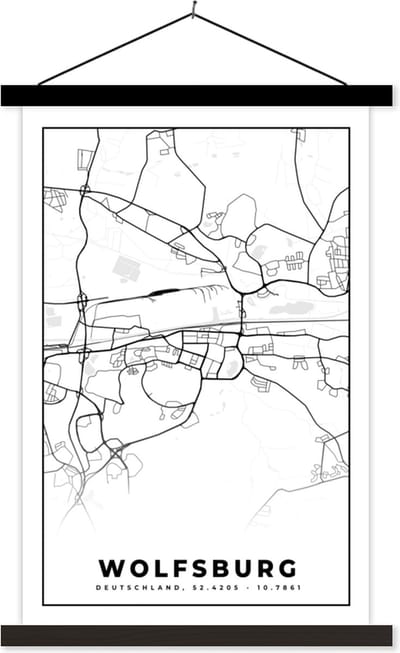 Posterhanger incl. Poster 40x60 cm - Schoolplaat - Wolfsburg - Plattegrond - Kaart - Stadskaart - Textielposter - Zwarte latten - Stadskaart