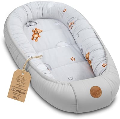 Zacht Nestje Pasgeborene – Knuffelnestje draagbaar comfortabel en behaaglijk voor Ledikant Kinderbed Wieg Babykamer en Onderweg – knus voor Jongen & Meisje 90x50 cm teddyberen