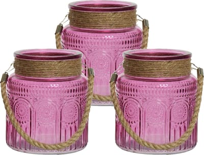 Lumineo windlichten/lantaarns relief - 3x - glas - D14 x H16 cm - roze
