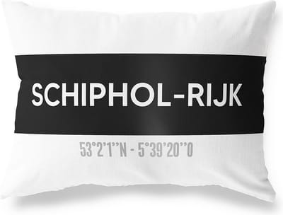 Tuinkussen SCHIPHOL-RIJK - NOORD-HOLLAND met coördinaten - Buitenkussen - Bootkussen - Weerbestendig - Jouw Plaats - Studio216 - Modern - Zwart-Wit - 50x30cm