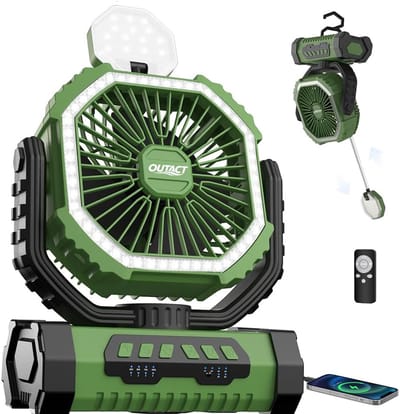 Thijox - Campingventilator 20.000 mAh Oplaadbaar - USB Tafelventilator met LED Licht en Haak - 270° Rotatie en Afstandsbediening - Ideaal voor Camping