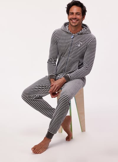Woody onesie velours unisex - antraciet-grijs gestreept - haas - 232-10-ONE-V/924 - maat M