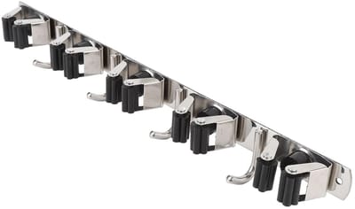 Dailygoods- Mop- en Bezemhouder Roestvrij Staal - 5 Sleuven - 4 Haken - Antislipontwerp - Ruimtebesparend - Duurzame Constructie - Opslaghaak