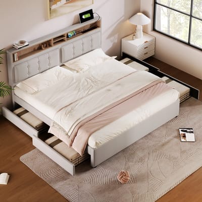 Gestoffeerd tweepersoonsbed met in hoogte verstelbaar hoofdeinde en 4 laden, USB-oplaadfunctie en hoofdeinde opbergruimte, zonder matras, beige, 160 x 200 cm