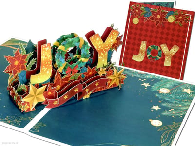 Popcards Pop-up Kaart - Kerstkaart "JOY" - Feestelijke Kerstwens met Gouden Sterren & Kerststerren Wenskaart 3D kaart