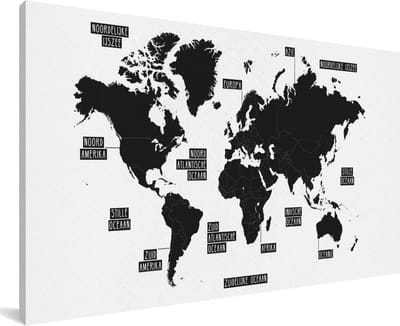 Grote wanddecoratie - Zwart wit wereldkaart canvas - 200x100 cm - XXL decoratie