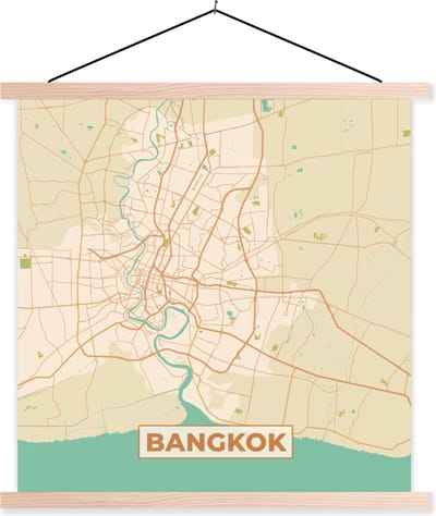 Posterhanger incl. Poster 40x40 cm - Schoolplaat - Bangkok - Kaart - Plattegrond- Vintage - Stadskaart - Textielposter - Blanke latten - Stadskaart