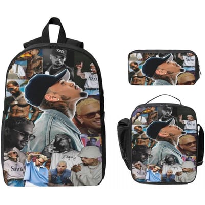 3 Stuks Chris Brown Breezy Bowl XX Tour 2025 Rugzak Set voor Meisjes Jongens Etui Sets Schooltas Sets met Lunchbox Voor School gray