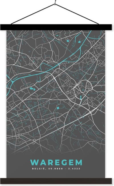 Posterhanger incl. Poster 40x60 cm - Schoolplaat - België – Waregem – Stadskaart – Kaart – Blauw – Plattegrond - Textielposter - Zwarte latten - Stadskaart