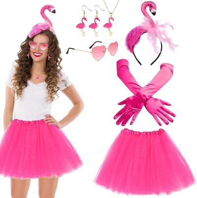 Flamingo Kostuum voor Dames met Hoofdband, Roze Tulle Rok, Handschoenen en Zonnebril voor Hawaii Feest en Carnaval