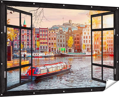 Gards Tuinposter Doorkijk Amsterdamse Huisjes vanaf de Grachten - 180x120 cm - Tuindoek - Tuindecoratie - Wanddecoratie buiten - Tuinschilderij
