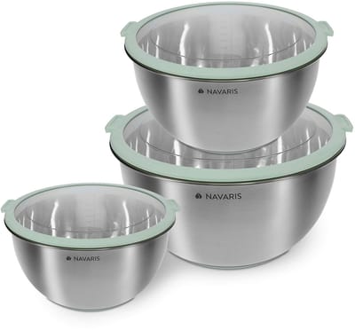 Dailygoods- Mengkom Set van 3 - Roestvrij Staal - Antislip Bodem - Luchtdichte Deksels - Perfect voor Bereiden/Serveren - Pastelaccentkleur - Keukenkom