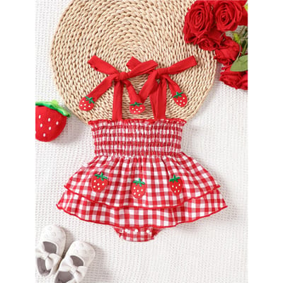 Baby Meisje Aardbei Vichy Gerimpelde Romper Jurk met Strikbandjes – Elastische Gerimpelde Bovenkant & Gelaagde Rok, Schattig Zomers Eendelig Outfit 1-3M rood