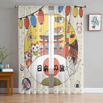Japan Rode Zon Geisha Vrouw Draak Bamboe Chiffon Transparante Gordijnen voor Woonkamer Slaapkamer Decoratie Raam Voile Tule Gordijn Drapes W135 x H114cm