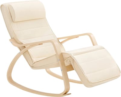 Novendo Goods - Schommelstoel verstelbaar met voetensteun - Relaxfauteuil met 5 standen en kussen - Houten schommelstoel van berkenhout tot 120 kg draagvermogen