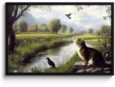 Poster in lijst - Fotolijst 90x60 cm - Posters - Kat - Beekje - Weide - Posterlijst zwart - Decoratie - Wanddecoratie woonkamer - Muurdecoratie slaapkamer