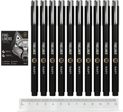 Napi Fineliners 10st - Zwart Incl. Brush Pen & Liniaal - 0,2 tot 3mm - Pennen Zwart - Bullet Journal Accessoires - Tekenpennen Set