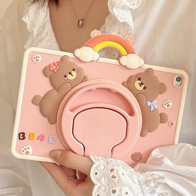 Étui Mignon Ours Arc-en-ciel 3D pour iPad A19 12ème A16 Air 11 pouces Air5 4 10.9 10ème Génération 10.2 pouces iPad 5/6/7/8/9ème Mini 7 iPad 10.9 10th Gen