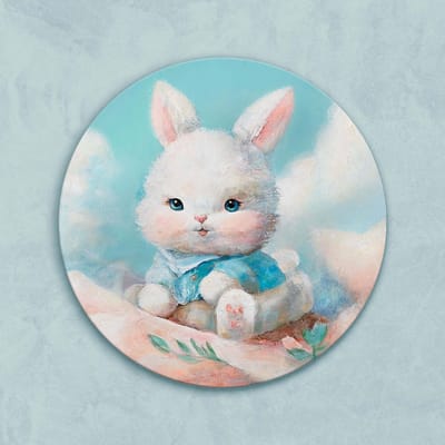 Rond canvas schilderij ⌀60 cm handgeschilderd konijntje lief vrolijk – YS-Art Gallery – Schattige wanddecoratie voor kinderkamer en woonkamer
