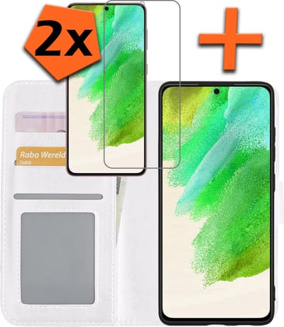 Hoes - Met 2x Screenprotector - Geschikt voor Samsung Galaxy S21 FE - Luxe Pasjeshouder - Bookcase Portemonee - Flip Case - Kunstleer Book Case - Flipcase Hoes - Book Cover - Walletcase - PortemonneeHoes - Wit
