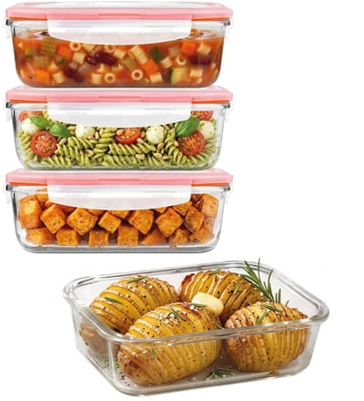 Lock&Lock Glazen vershoudbakjes - Meal prep bakjes glas - Ovenschaal met deksel - 1 liter - Luchtdicht - BPA vrij - PFAS vrij - Borosilicaatglas - Bewaarbakjes - Vershoudbakjes glas - Set van 4 stuks