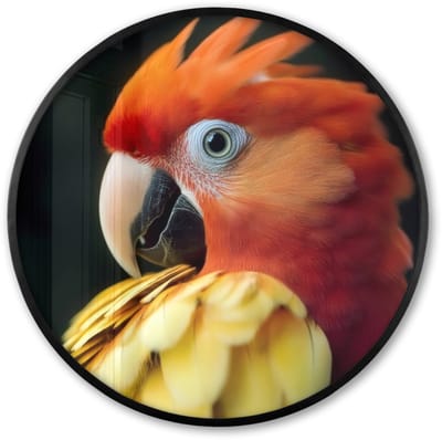 Poster in lijst Rond - Fotolijst 60x60 cm - Posters - Close-up - Papegaai - Veren - Oranje - Ronde posterlijst zwart - Decoratie - Wanddecoratie woonkamer - Muurdecoratie slaapkamer