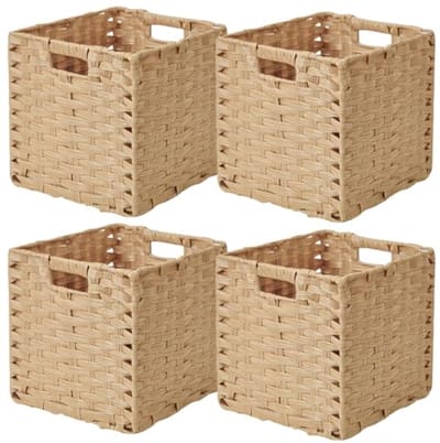 Opvouwbare Mand Gevlochten Imitatierotankleur 28x28cm - Waterdichte Opbergmand voor Voorraadkamer en Kast - Set van 4