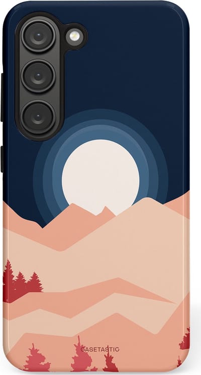 Casetastic hoesje geschikt voor Samsung Galaxy S23 - Dubbellaagse bescherming - Bergen bij maanlicht - Fashion Case - Zwart Perzik Zand Koraal