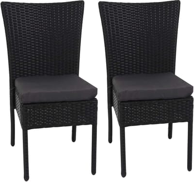 Set van 2 polyrotan stoelen MCW-G19, balkonstoel, tuinstoel, stapelbaar ~ zwart, kussens donkergrijs