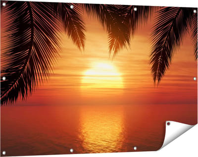 Gards Tuinposter Zonsondergang op het Strand met Palmbomen - 120x80 cm - Tuindoek - Tuindecoratie - Wanddecoratie buiten - Tuinschilderij