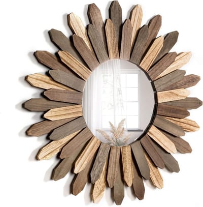 Decoratieve Bohemian Wandspiegels voor Thuis, Slaapkamer en Woonkamer - 48cm Rond Spiegel met Houten Frame voor Wanddecoratie en Cadeaus