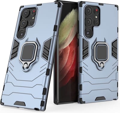 MobyDefend Hoesje - Geschikt voor Samsung Galaxy S23 Ultra - Dubbelgelaagde Pantsercase Met Standaard - Blauw