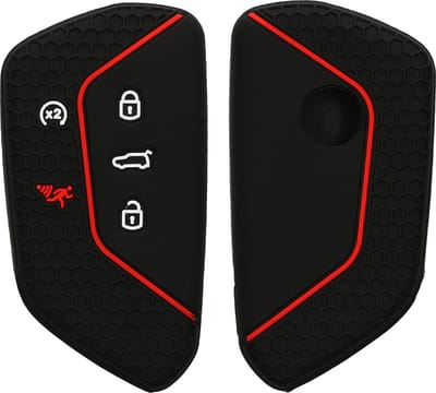 kwmobile autosleutel hoesje geschikt voor VW Golf 8 5-knops Seat Leon MK4 Tarraco Atec hoes - Siliconen autosleutel behuizing - Auto sleutel case met honingraat - Sleuteletui in zwart / rood