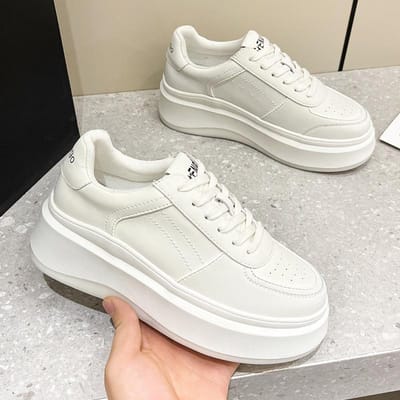 Echt Leer Kleine Witte Schoenen Dames Antislip Dames Schoenen met Absorberend Membraan Bodem Nieuw All-match Dikke Zool 6CM Casual Sneakers 40 white